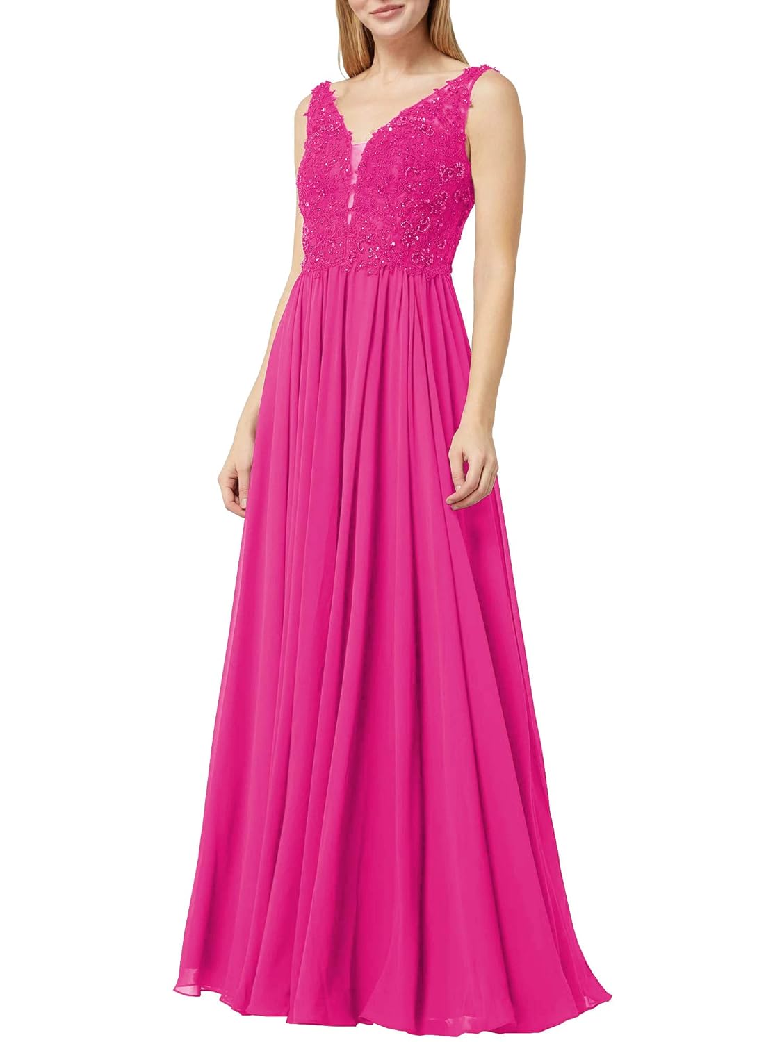 Buy Women's Lace Applique Long Fuschia Evening Dresses Long Sleeveless