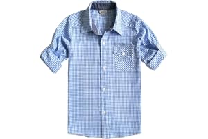 Bienzoe Boys Cotton Plaid Roll Up Sleeve Button Down Sports Shirts