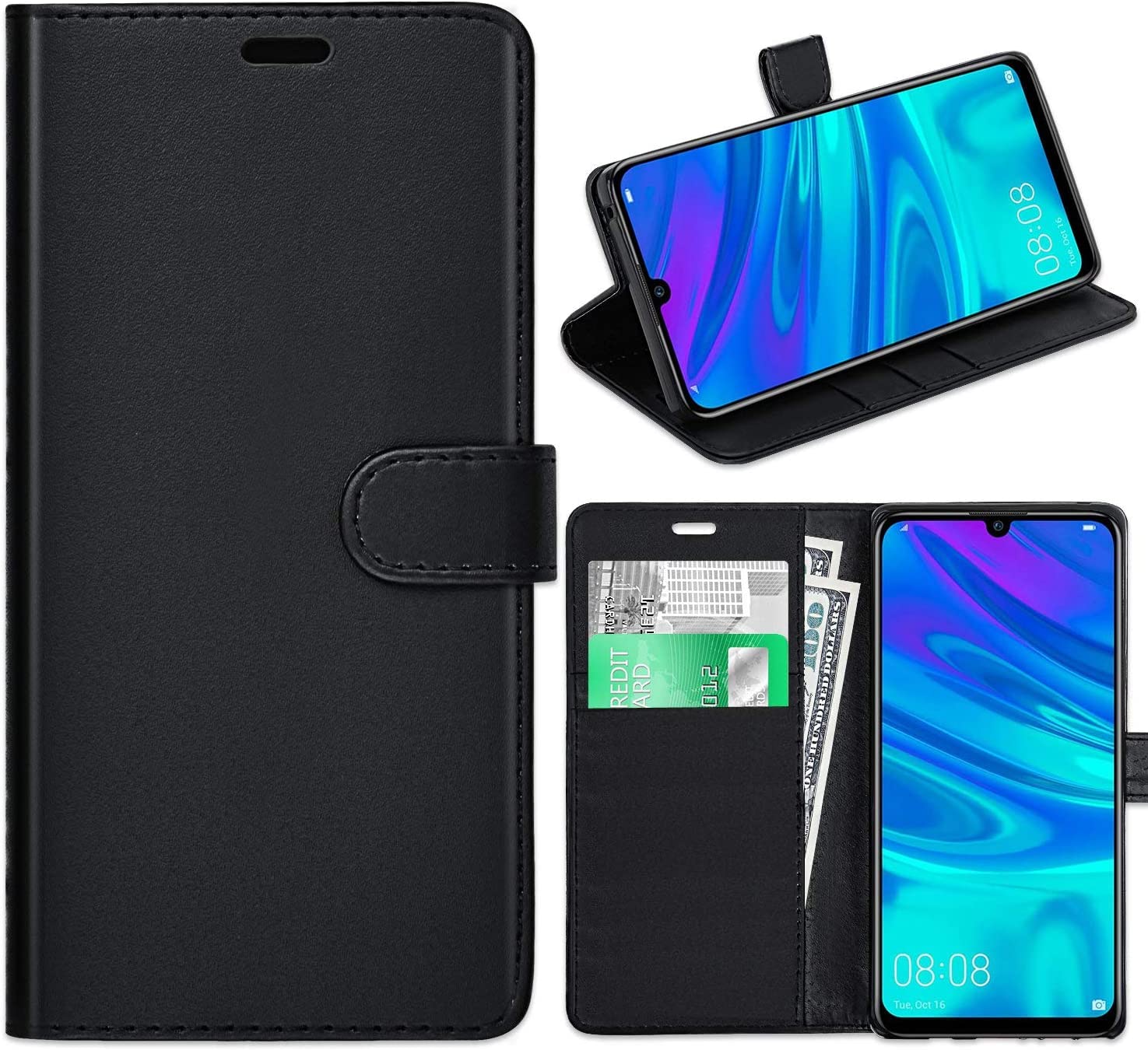 KP TECHNOLOGY Huawei Y6 2019 Case - Leather Book Flip Wallet Cover with Card Slots (BLACK)