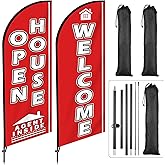 2 Sets Open House Feather Flag for Businesses Welcome House Swooper Banner Sign with Carbon Fiber Pole and Advanced Ground Stake Portable Bag Open Advertising Flag Banner for Business Outside