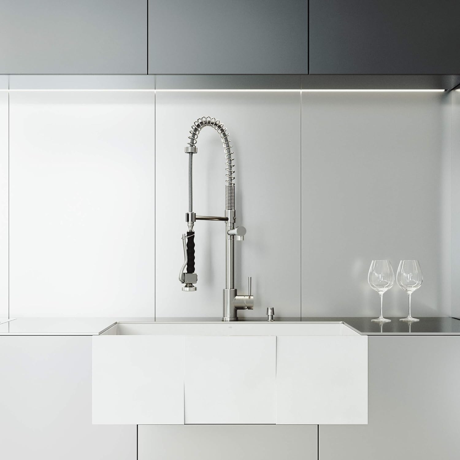 VIGO All-In-One 30-Inch Square Front White Matte StoneTM Farmhouse Apron Kitchen Sink Set With Zurich Pull-Down Kitchen Faucet In Stainless Steel, with Included Strainer, Embossed Cutting Board, and S