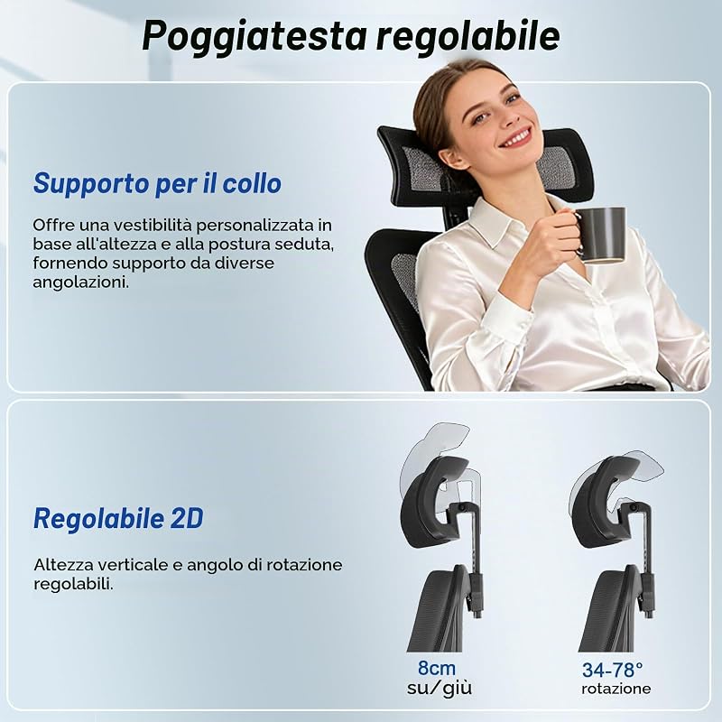 Sedia da ufficio ergonomica, con supporto lombare, poggiatesta e braccioli regolabili, blocco di inclinazione a 3 livelli, sedia da scrivania delicata sulla schiena, fino a 150 kg, per ufficio