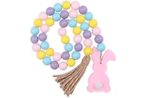 RAMIRABI Easter Wood Bead Garland with Tassels and Bunny Tag,Farmhouse Beads Rustic Country Decor Prayer Boho Beads for Tiered Tray Decorations (Pink Bunny)
