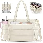 RAINSMORE Tote Bag for Women with Cup Holder, Puffer Work Bag, 15.6 inch Quilted Laptop Handbag for Work, Travel, Teacher