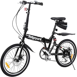 MuGuang Faltbares Fahrrad 20 Zoll 7 Gang Faltmaschine + LED Batterie Leuchte + Sitztasche + Fahrradglocke (Schwarz)