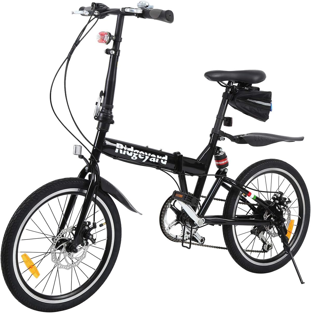 MuGuang Faltbares Fahrrad 20 Zoll 7 Gang Faltmaschine + LED Batterie Leuchte + Sitztasche + Fahrradglocke (Schwarz)