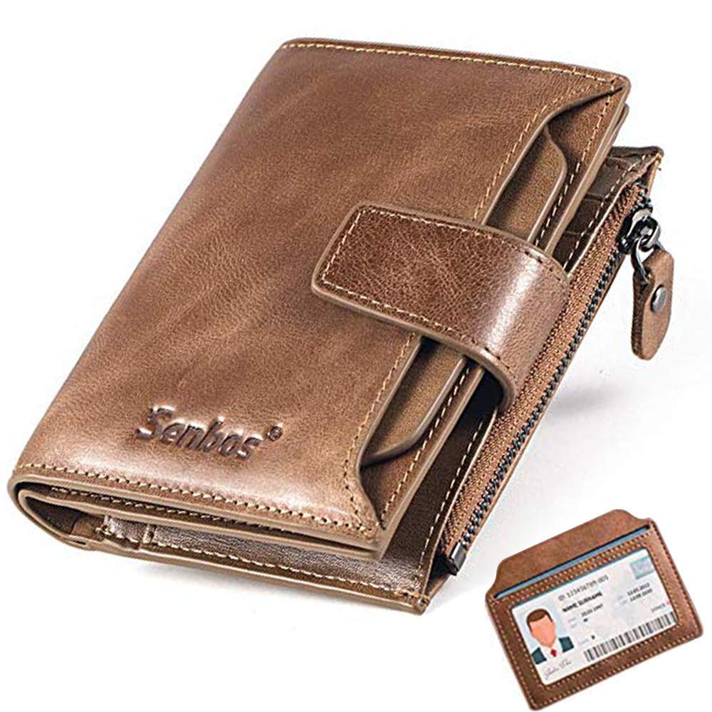 Senbos Men's RFID Protection Genuine Leather Wallet Vertical with 18 Card Slots, 1 Zip Coin Pocket and 1 Removable ID Card Holder, Gift for Father's Day, Khaki, 12.5x9.5x2.5 cm, Classic