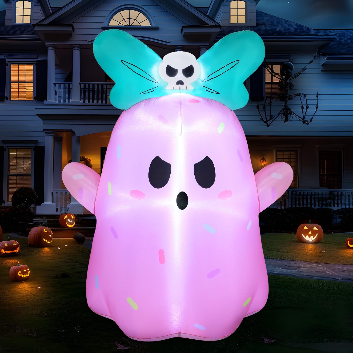 Photo 1 of Joiedomi 5ft Tall Halloween Inflatable Ghost Outdoor Decorations, Cute Pink Ghost Blow Up Yard Decorations with Bowknot and LED Light for Halloween Decor, Garden Lawn Indoor Outdoor Party Decor