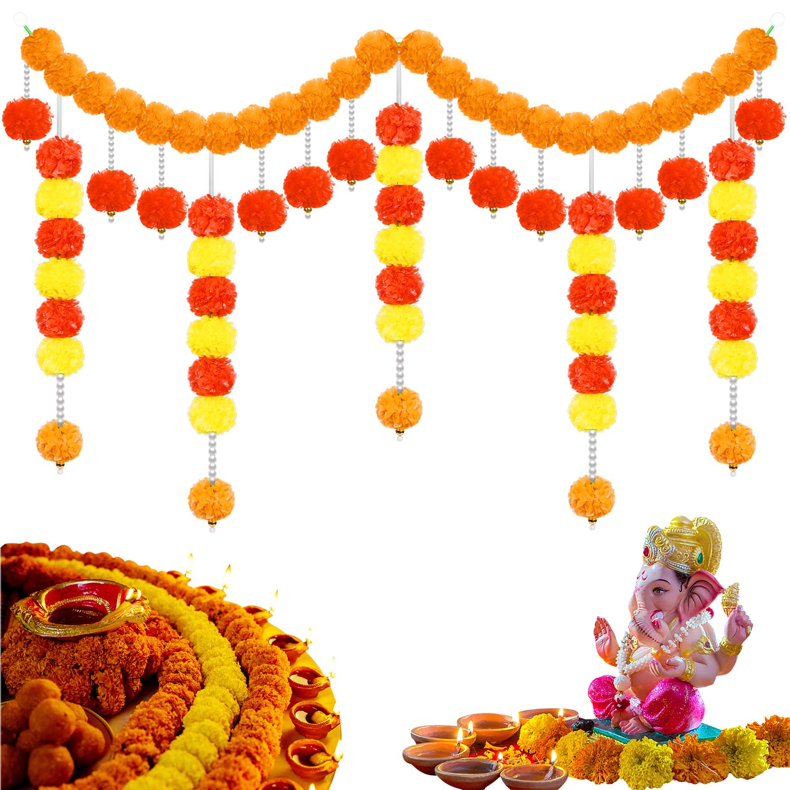 Photo 1 of Knitgrip Marigold Garland for Decoration Marigold Toran Include 4.5 ft Artificial Marigold Flowers and 5 Pcs 1.4 ft Toran Diwali Garlands Indian Decoration for Toran Door Hanging Pooja Wedding