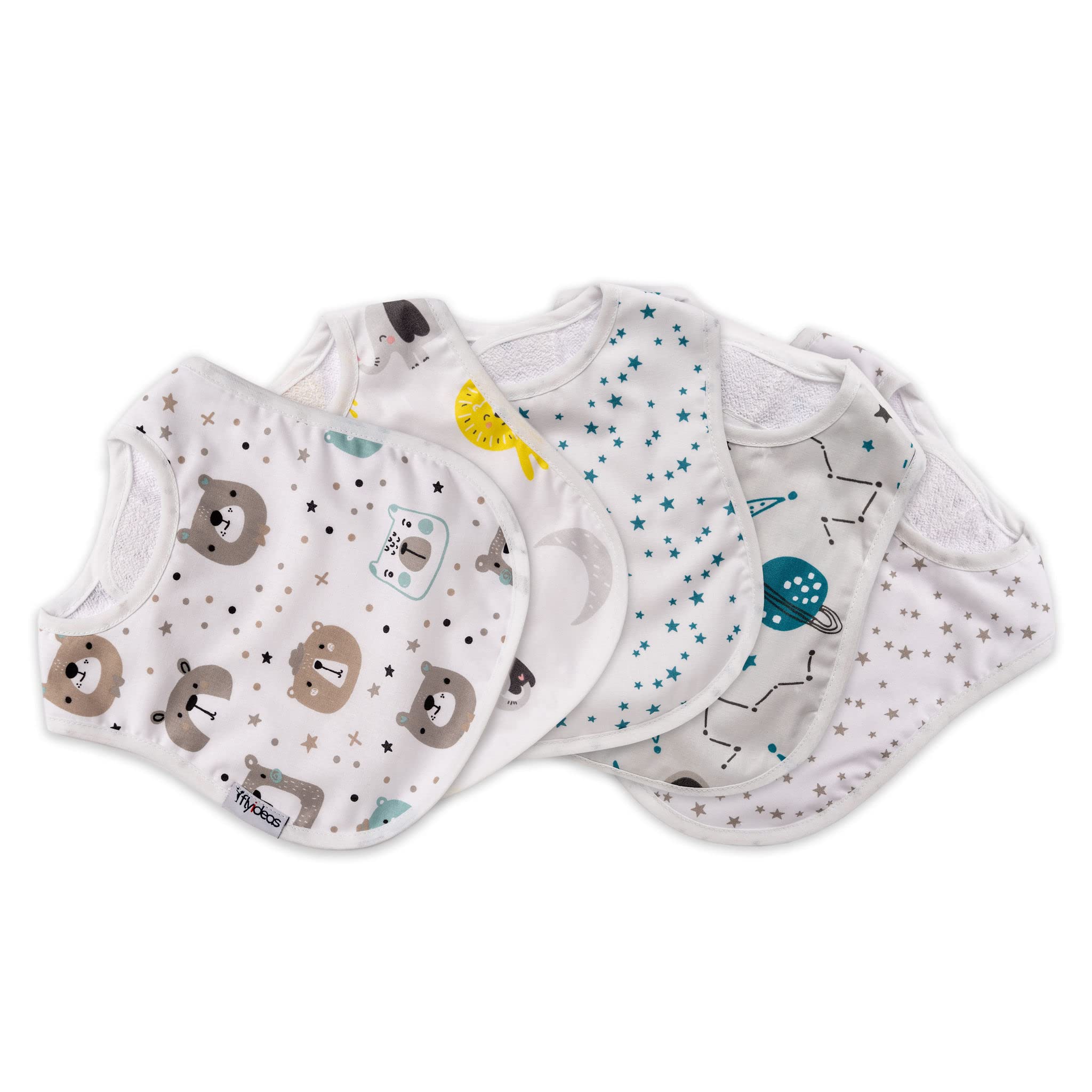 FlyIdeas 5-Piece Baby Bibs Set for Drooling, Teething & Feeding – Waterproof, Hypoallergenic Cotton, Adjustable Velcro Closure, 21x19 cm – Dribble Bibs for 0-6 & 6-18 Months