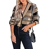 Imily Bela Womens Cardigan Sweaters Plaid Fuzzy Knit V Neck Button Down Long Sleeve Cozy Cardigans Pullover Tops