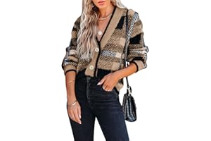 Imily Bela Womens Cardigan Sweaters Plaid Fuzzy Knit V Neck Button Down Long Sleeve Cozy Cardigans Pullover Tops