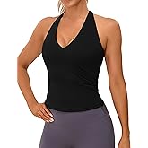 BMJL Womens Halter Workout Top Deep V Neck Gym Built in Bra Open Back Longline Padded Tank Tops Camisole