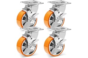 W B D WEIBIDA 5 Inch Heavy Duty Casters Set of 4, Industrial Grade Casters Wheels with Brake 4000 LBS, Maintenance-Free Polyurethane on Aluminum Wheels, Plate Swivel Casters Wheels for Cart, Machine