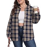 OLRIK Womens Plus Size Flannel Shirt Soft Plaid Flannel with Lapel Collar Relaxed Fit Shirt Fall Outfits 2025 Blue Plaid-5X