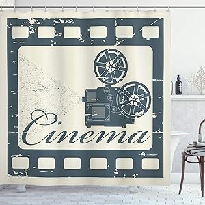 Ambesonne Movie Theater Shower Curtain, Grunge Poster Design with Strip Frame Cinema Lettering and Projection, Cloth Fabric Bathroom Decor Set with Hooks, 70