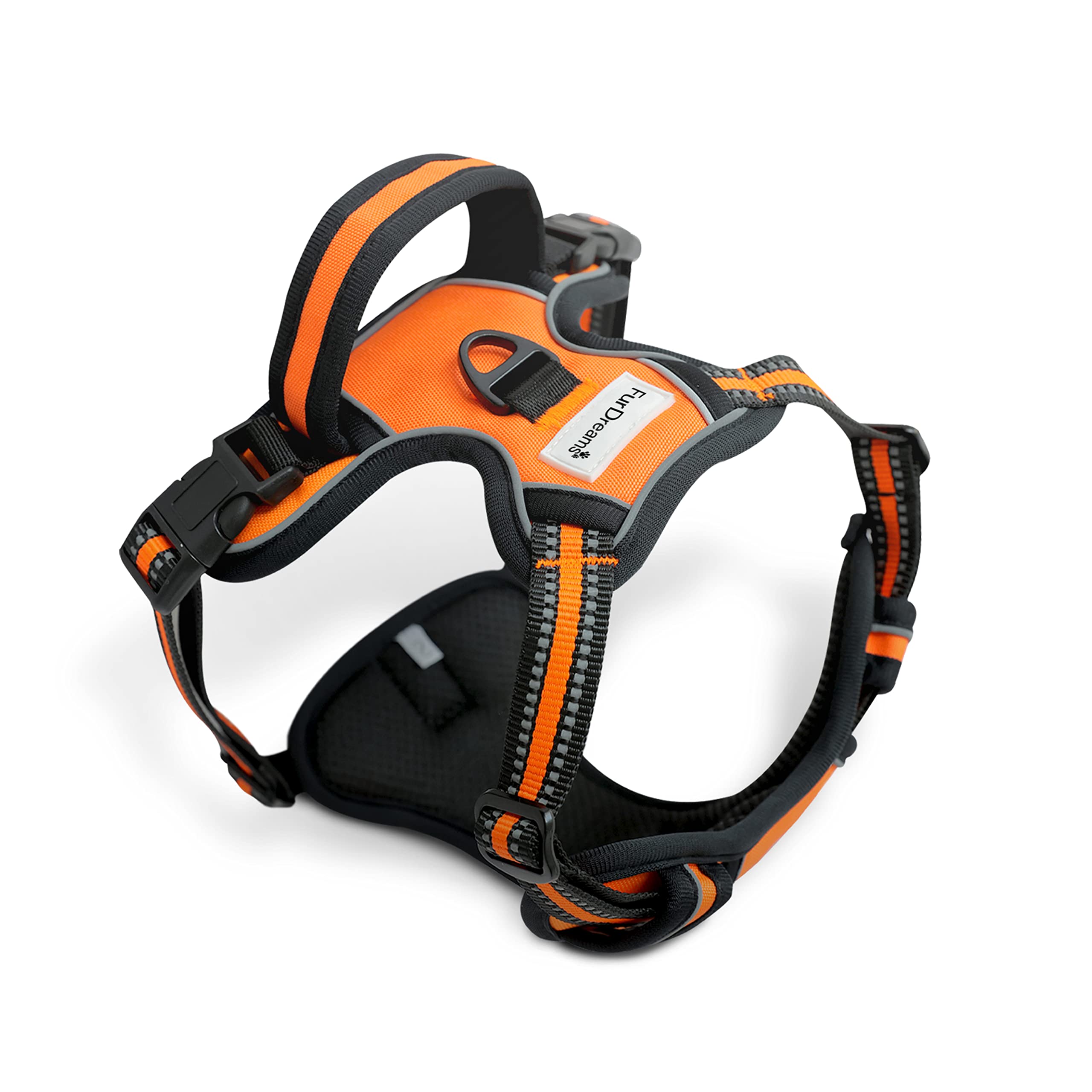 FurDreams Dog Harness – Secure Padded Vest Harness, Comfortable Material with Reflective Strips, Non-Restrictive, No Choke Fit with 4 Adjustable Straps, No Pull, Clip On Easy (Extra Large, Orange)