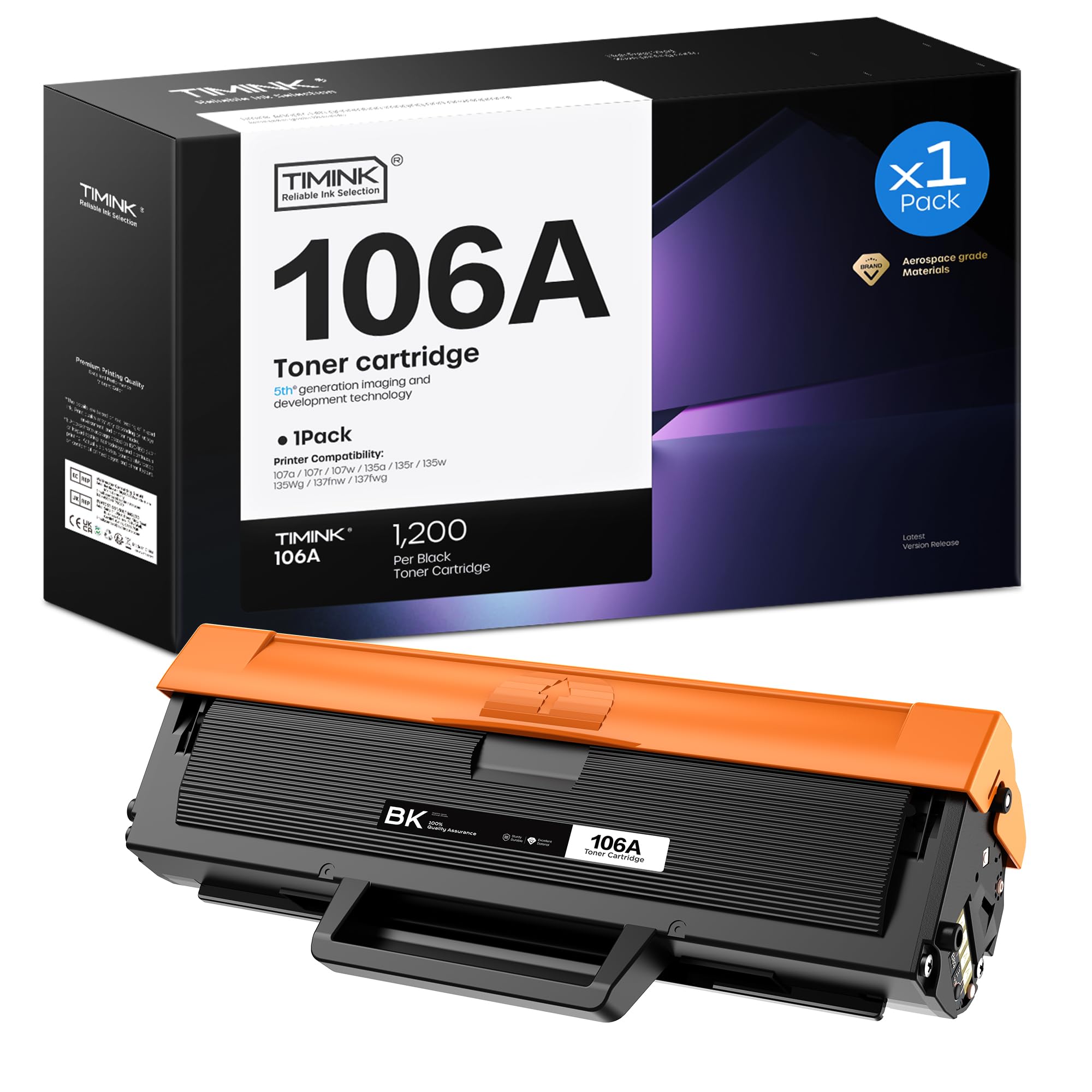 Timink 106A W1106A Toner Cartridge Replacement for HP 106A W1106A Compatible for HP Laser 107a 107r 107w MFP 135a 135r 135w 135wg MFP 137fnw 137fwg (Black, 1-Pack, 2000 Pages)