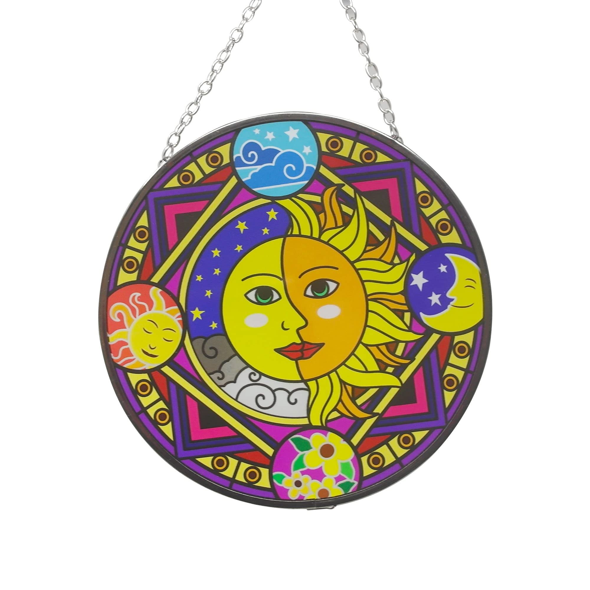 Glass sun catcher with sun and moon design with four seasons border | 150mm diameter with chain for hanging | colour catcher | window decoration | perfect for conservatory | living rooms | garden
