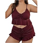 winkbay Women's Plus Size Ruffle Pajamas 2 Piece Lace Trim Crop Cami Top and Mini Shorts Lounge Sets Sleepwear
