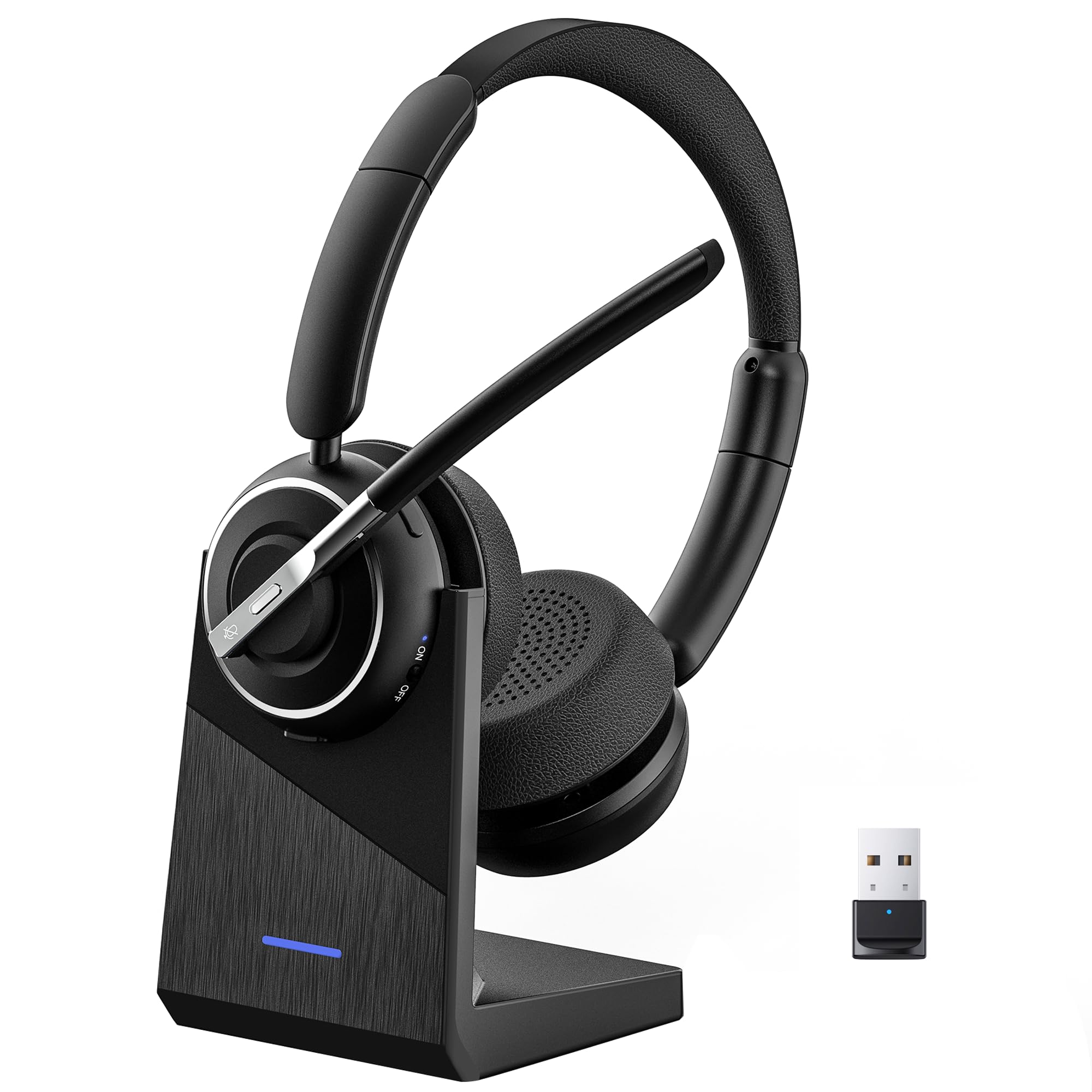 PrancyBt Wireless Headset with Mic for Work, Bluetooth Headset with Noise Canceling Microphone with Dongle, Charging Base & Mic Mute, Wireless Headphones for Work from Home/PC/Computer (Black)