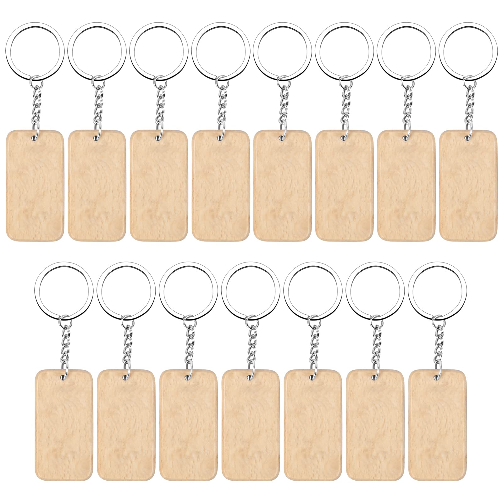 15 Pcs Wooden Key Chain, Blank Wooden Keyring with Split Ring, Personalized Natural Wooden Key Tag Rectangle Keychain for Keys Women Men Gift DIY Crafts Decoration Pyrography (Rectangle with Chain)