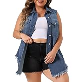 Agnes Orinda Women's Plus Size Button Up Frayed Hem Shacket Sleeveless Denim Jean Jacket Vest