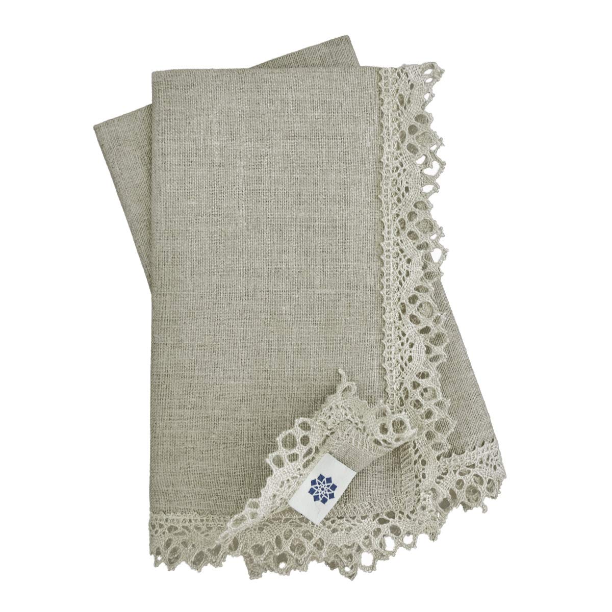 Linen & Cotton Set of 4 Luxury Crochet Edged Napkins CELESTE - 15.6'' x 15.6'' (39cm x 39cm), 100% Linen (Natural/Beige)