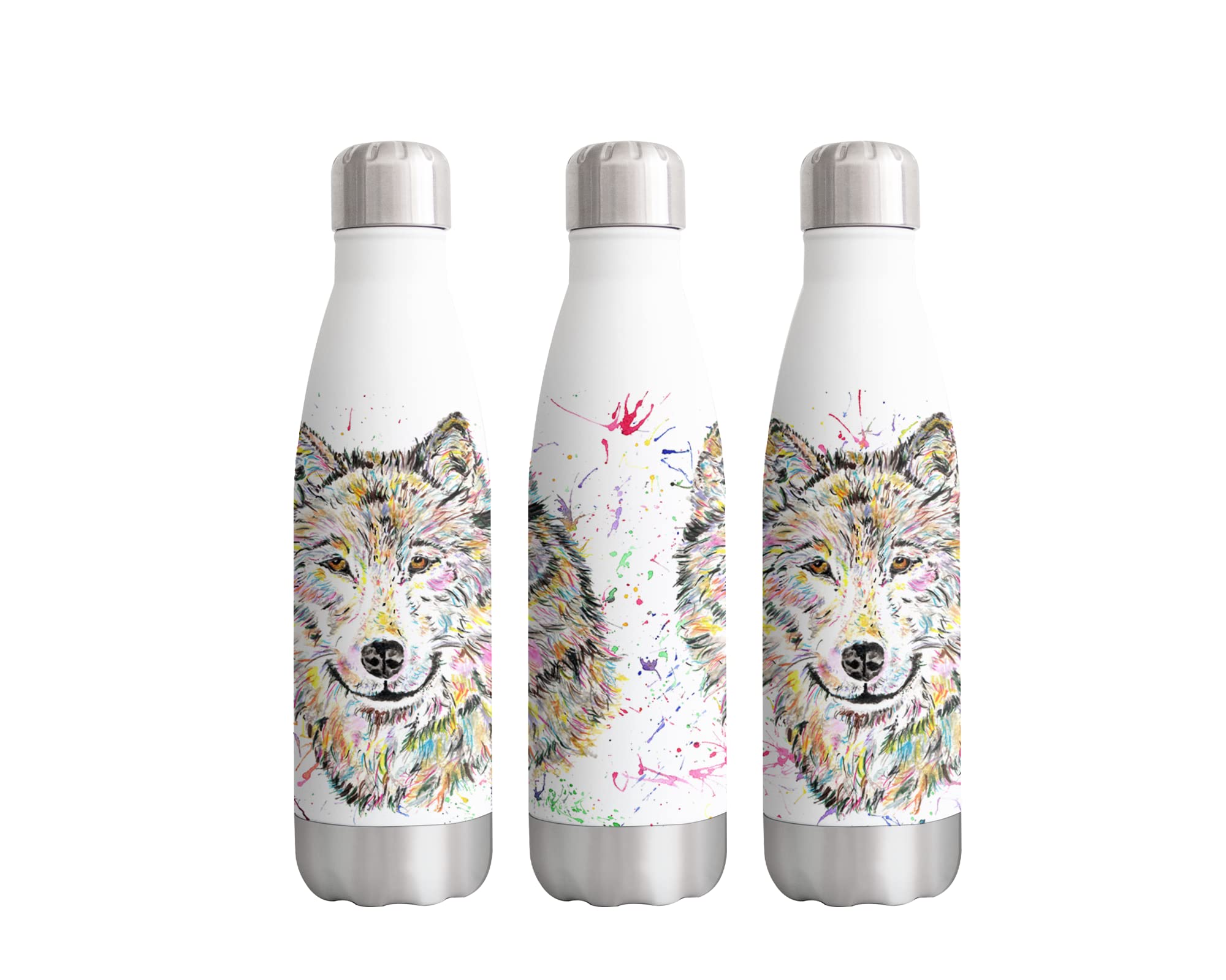Wolf Wildlife Animals Watercolour Rainbow Art Bottle Double Wall Insulated Stainless Steel Sport Drinks 500ml White Gift Ideal for School Work Office Oudoor Sports Keeps Hot and Cold Drinks