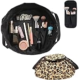 SUMBABO Drawstring Makeup Bag Open Flat ¨C Barrel Drawstring Cosmetic Bag for Women Toiletry Bag for Travel with Brush Bag (Leopard)