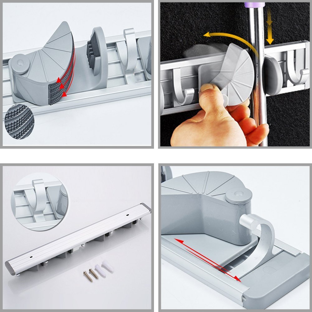 Multi-functional Mop Rack Senior Aluminum Clip On Broom Holder and Garden Tool Organizer for Rake or Mop Handles and Many Handy Tools 9 in 1 (Silver and Gray)