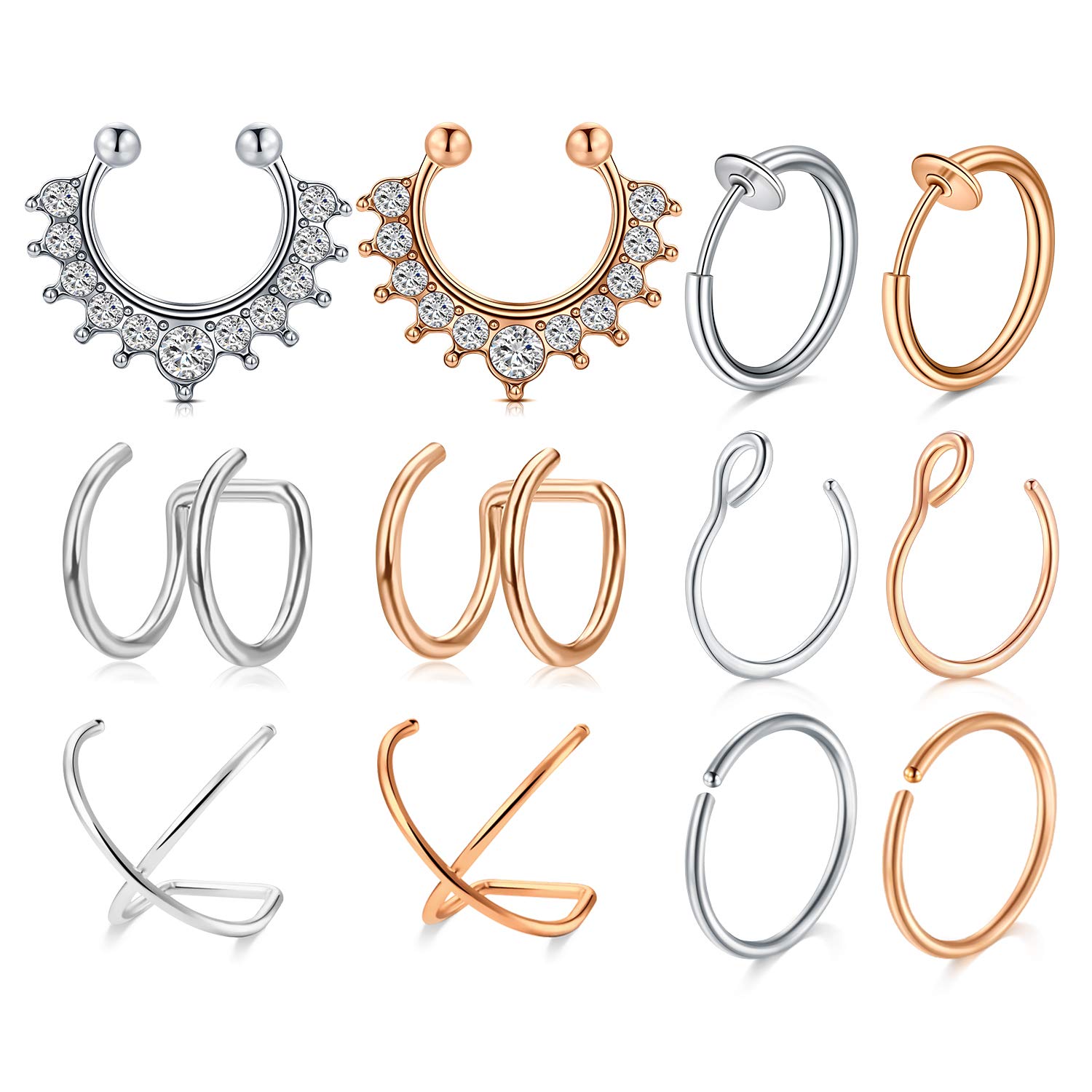 AceFun Fake Nose Rings Hoop Stainless Steel Nose Septum Piercing Rings Jewelry for Men Women Silver Rosegold 12Pcs