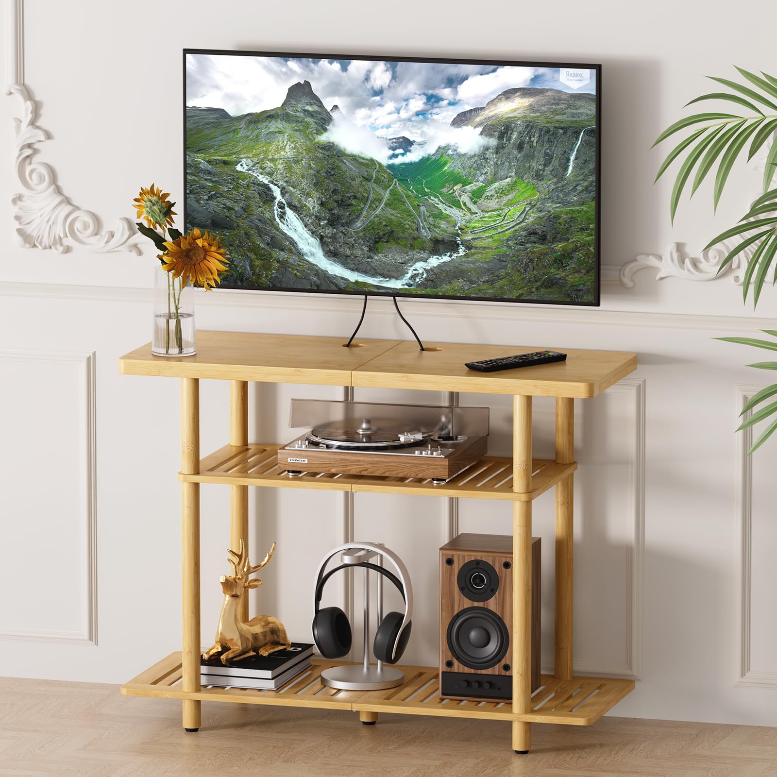 Photo 1 of Atoping Bamboo TV Stand, Small TV Stands for up to 32 Inch, 3-Tier Entertainment Center TV Shelf with Storage, Sturdy Corner TV Stand for Small Spaces, 31.5 x 24.2 x 11.8 inches