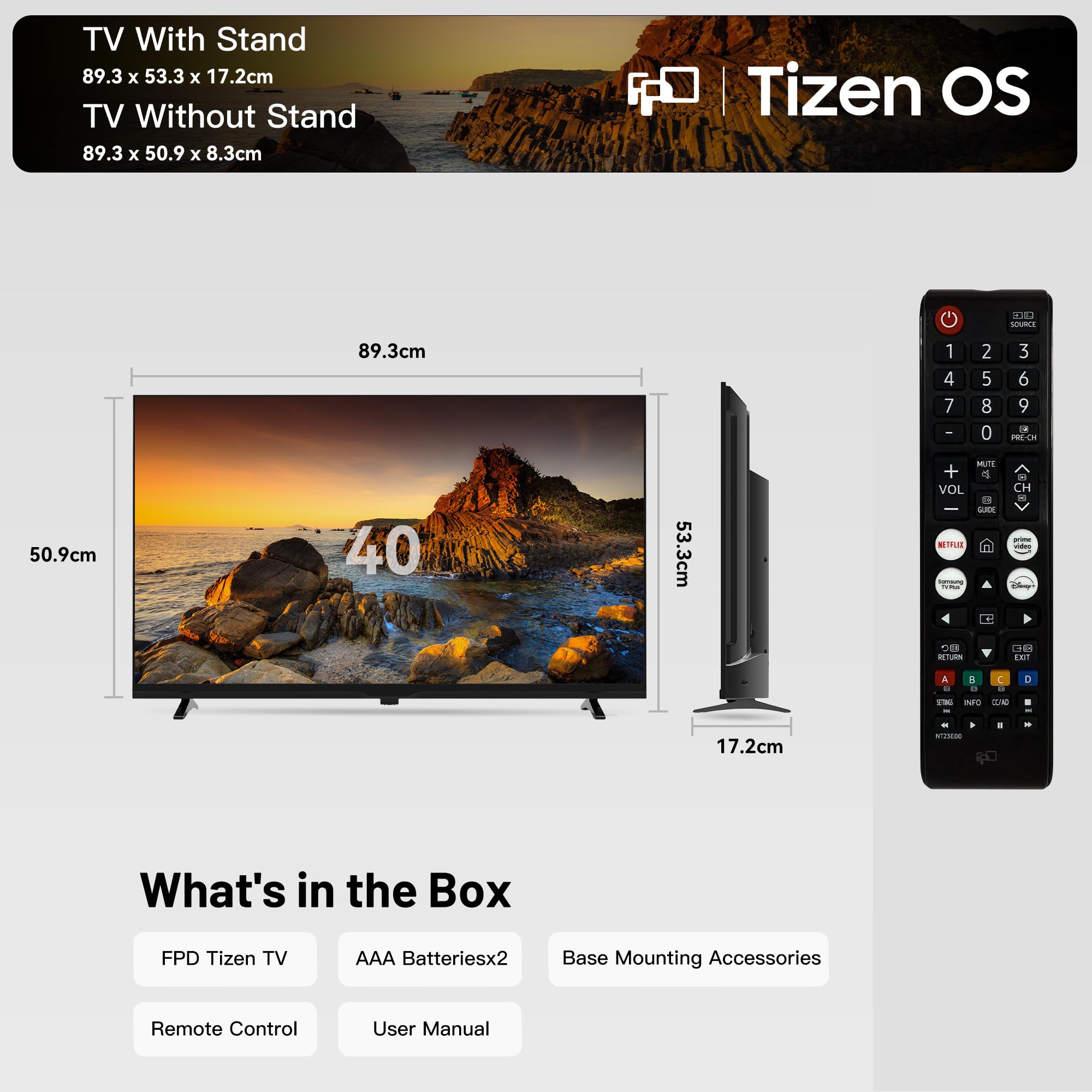 FPD 40 Inch Tizen OS Smart TV 1080p Full HD Compatible with Samsung TV Plus, Dolby Audio, HDR 10, HDMI, Voice Control, WiFi, Bluetooth, Built-in Miracast, Flat Screen Television (AT40-P1, 2025)
