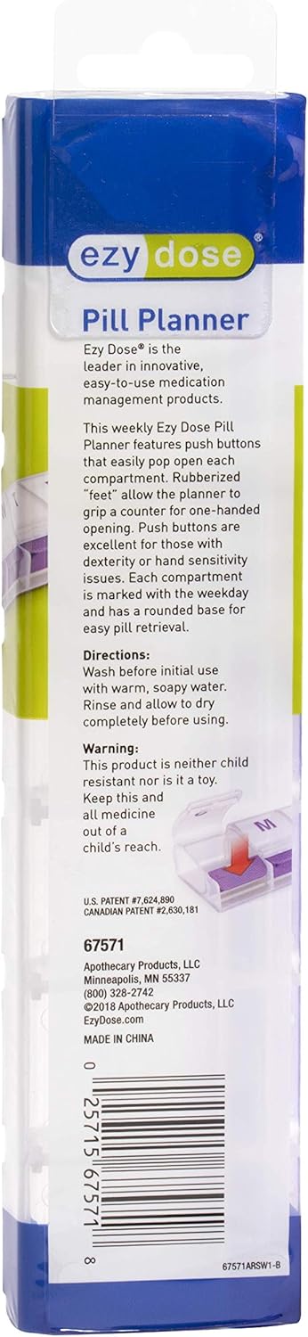 Ezy Dose Push Button (7-Day) Pill, Medicine, Vitamin Organizer Box | Weekly, Daily Planner | Large Compartments | Arthritis Friendly | Clear Lids: Health & Personal Care
