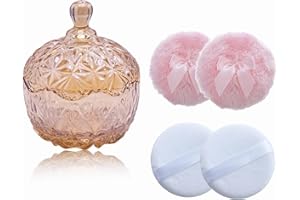 Qopoto 5 Pieces Large Body Powder Puff and Powder Container, Crystal Case for Dust Puff, Powder applicator with Box for Face and Body (Amber, Crown)