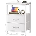 Huuger Nightstand with Charging Station, Side Table with Fabric Drawers, End Table with Open Shelf, Bedside Table with USB Ports and Outlets, Night Stand for Bedroom, White