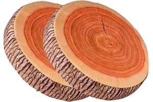 Log Pillow 2Pcs 15x15x3 Inch Wood Slice Round Throw Pillows with Sponge Stuffed Plush Floor Cushion for Home, Camping Tent