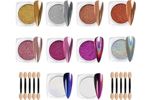 Creaglam Chrome Nail Powder Kit: 10 Jars 8 Colors Metallic Mirror Effect 2 Colors Holographic Aurora Chameleon Nail Art - 1g/Jar Silver Pink Gold Purple Chrome Powder for Nails