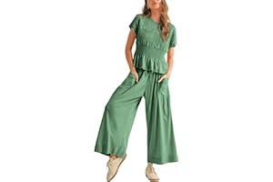 Antnation Women’s 2-Piece Smocked Top & Wide-Leg Pants Set–High-Waisted Lounge Outfit with Pockets Casual Boho Matching Set