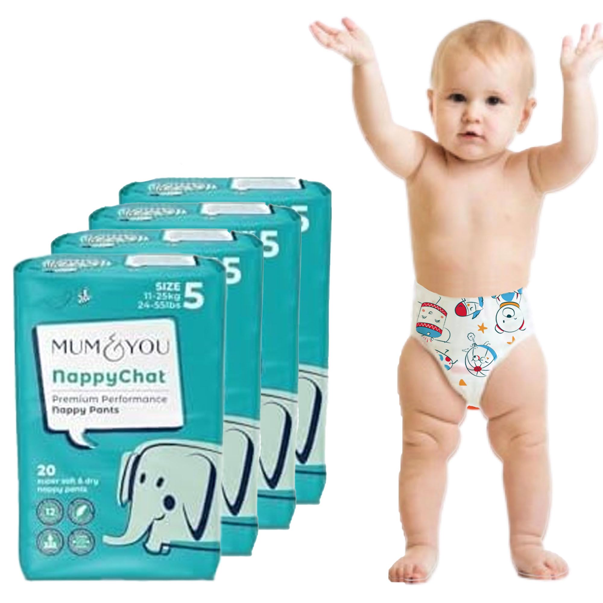 Mum & You Premium, Dry Baby Nappy Pants | Size 5 (11-25 KG), 80 Count (4 Packs of 20) | Dermatologically Tested with 12-Hr Leak Protection with Wetness Indicator | Rash Free