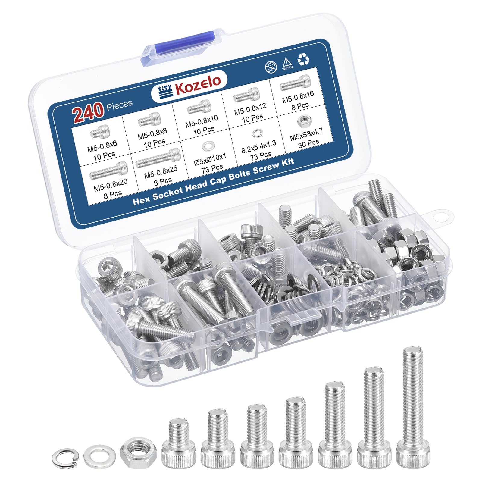 Kozelo 240pcs M5 Socket Head Cap Screws Bolts Nuts Assortment Kit - [M5x6/8/10/12/16/20/25mm] 304 Stainless Steel Allen Socket Drive for 3D Printer