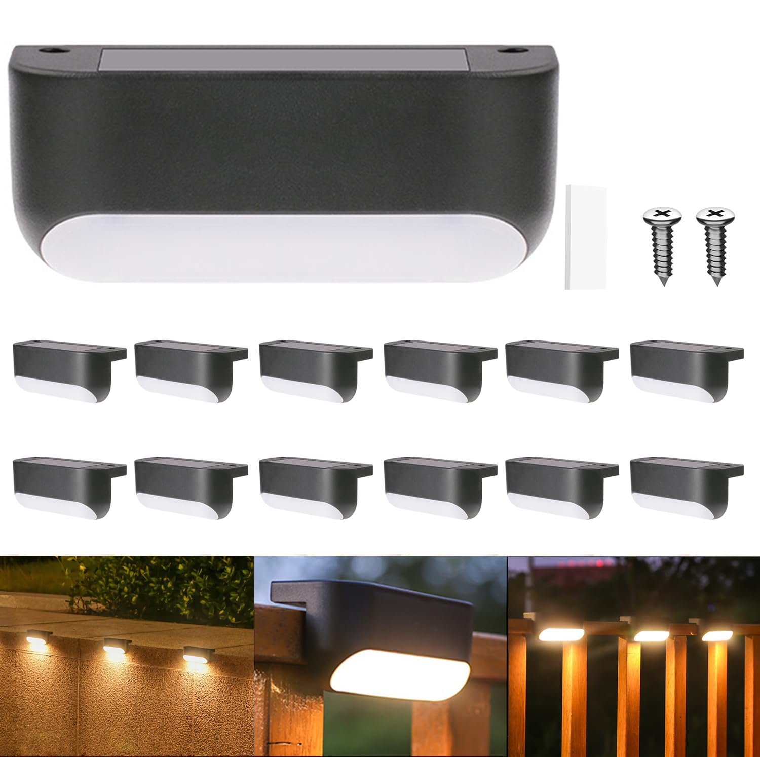 XhuangTech Solar Deck Lights Outdoor, Extended Solar Step Lights Waterproof LED Solar Powered Outdoor Lights for Deck Stair Fence Railing Wall Garden Backyard Pond Pathway (Warm White, 12 Pack)