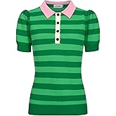 OXKNIT Women's Knit Polo Shirts Short Sleeve, 1960s Mod Style Vintage Stripes Black Casual Tops with Quarter Button
