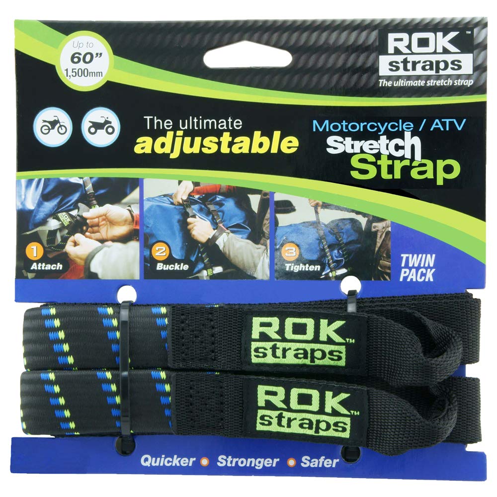 ROK Straps Motorcycle Adjustable Luggage Strap 25mm - 18"- 60" (Twin Pack) Black/Blue/Green ROK001