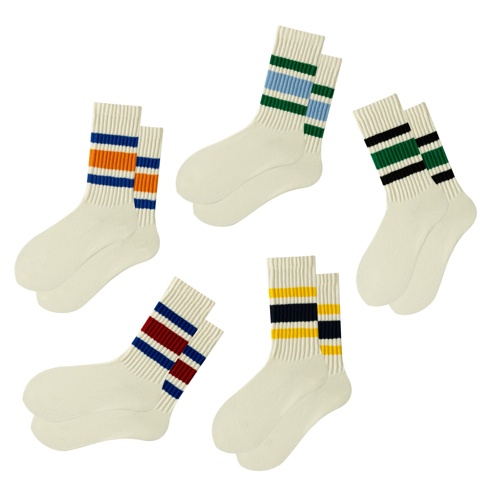 Photo 1 of DarkCom Striped Crew Socks 5 Pairs Seamless Toe for Men and Women, Color of Light Cream, Casual Comfort