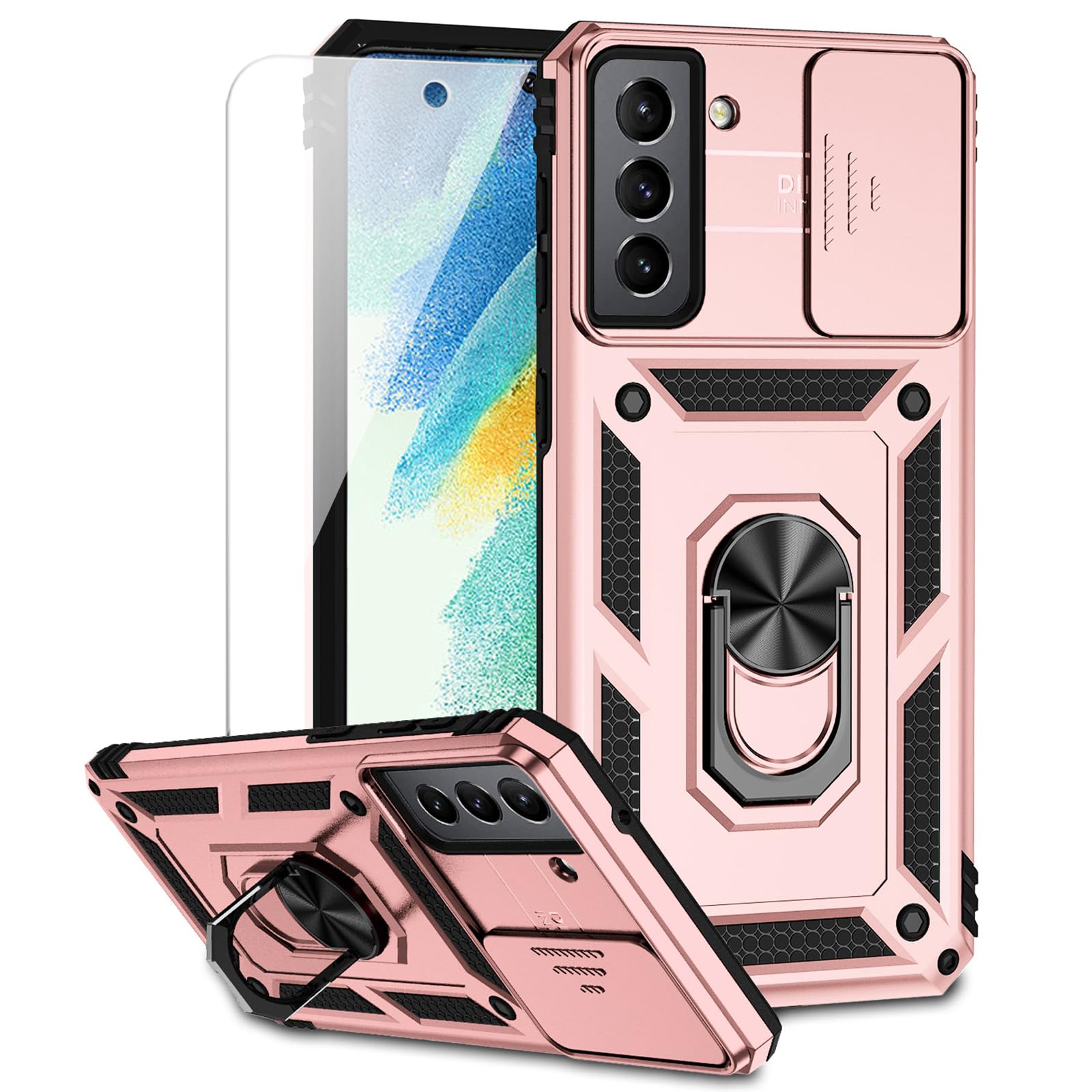 for Samsung Galaxy S21 FE 5G Case with Camera Lens Cover HD Screen Protector, Military-Grade Drop Tested Magnetic Ring Holder Kickstand Protective Phone Case for Samsung Galaxy S21 FE 5G (Rose Gold)