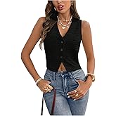 Milumia Women's Textured V Neck Button Down Tank Top Sleeveless Split Hem Crop Vest