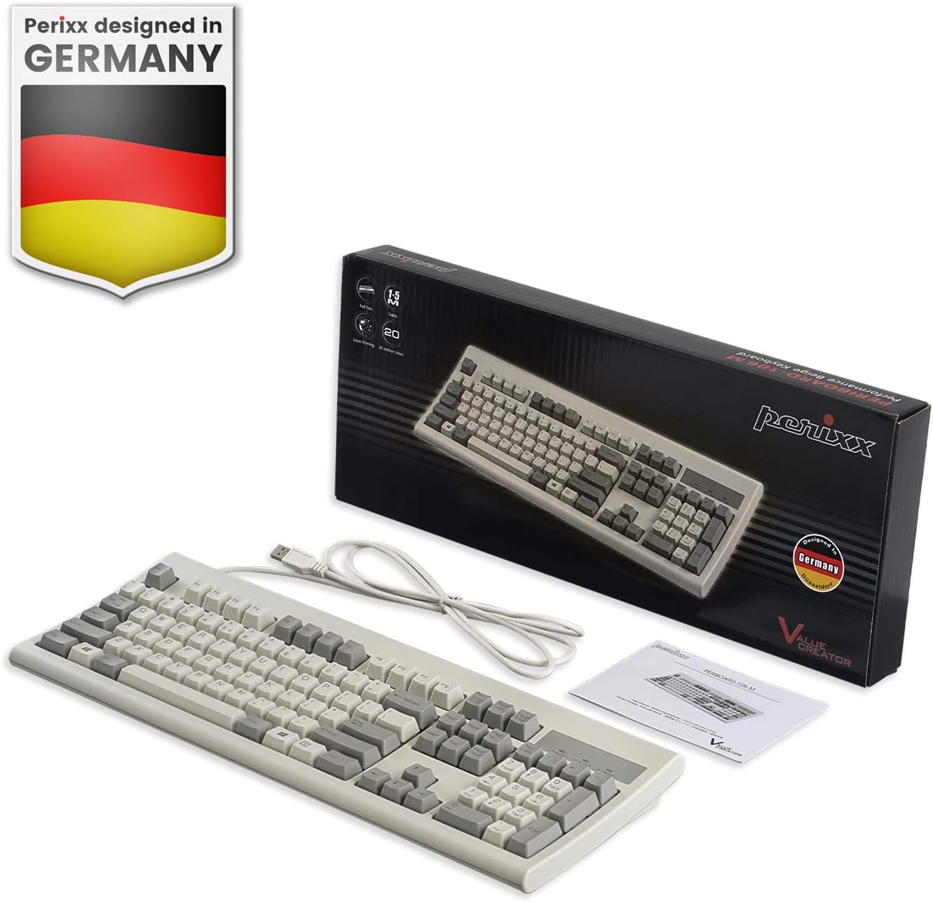 Perixx PERIBOARD-106M, Wired Performance Full-Size USB Keyboard, Curved Ergonomic Keys, Classic Retro Gray/White Color, US English Layout: Computers & Accessories