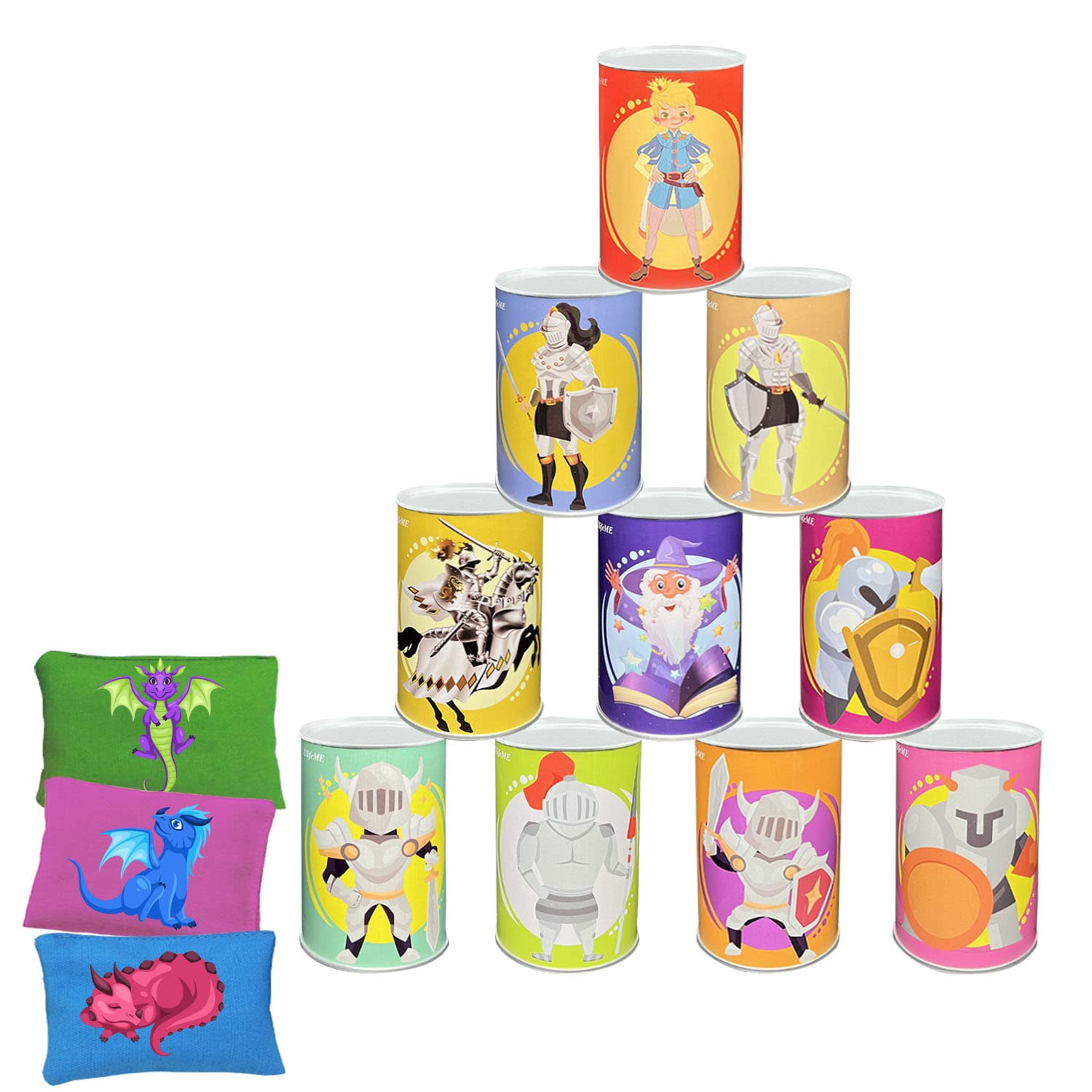 Ulifeme Tin Can Alley Game, Kids Outdoor Garden Game, Garden Party Games for Children & Kids, Outdoor Toys Gift for Boys & Girls, Prince Pattern Design, 10pcs Tin Cans + 3pcs Toss Beanbags Packed